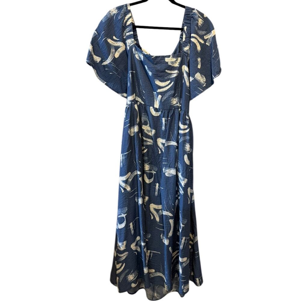 A New Day Blue Abstract Midi Dress | Size L | Open Back Tie - Picture 3 of 14